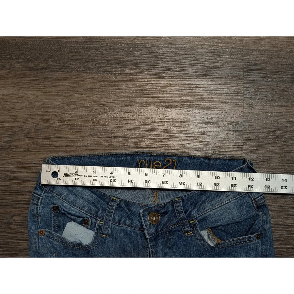 rue21 Womens Mid Rise Flare Jeans Blue Distressed Ripped Denim Size 0 RN70829